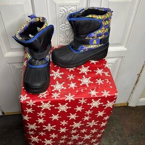 Athletech Boys Winter Snow Boots Black Blue Skull Lined Size 5